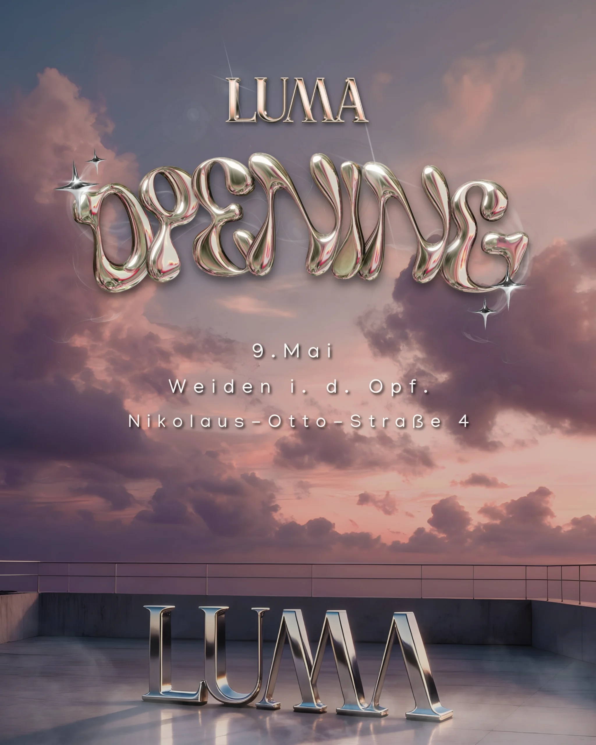 LUMA Events Rooftop Opening – House Music Event in Weiden i. d. Opf. mit modernem Chrome-Logo vor Sonnenuntergang